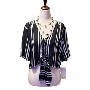 Live to Be Spoiled Black White Stripe Tie Front Cropped Blouse Women's Size L